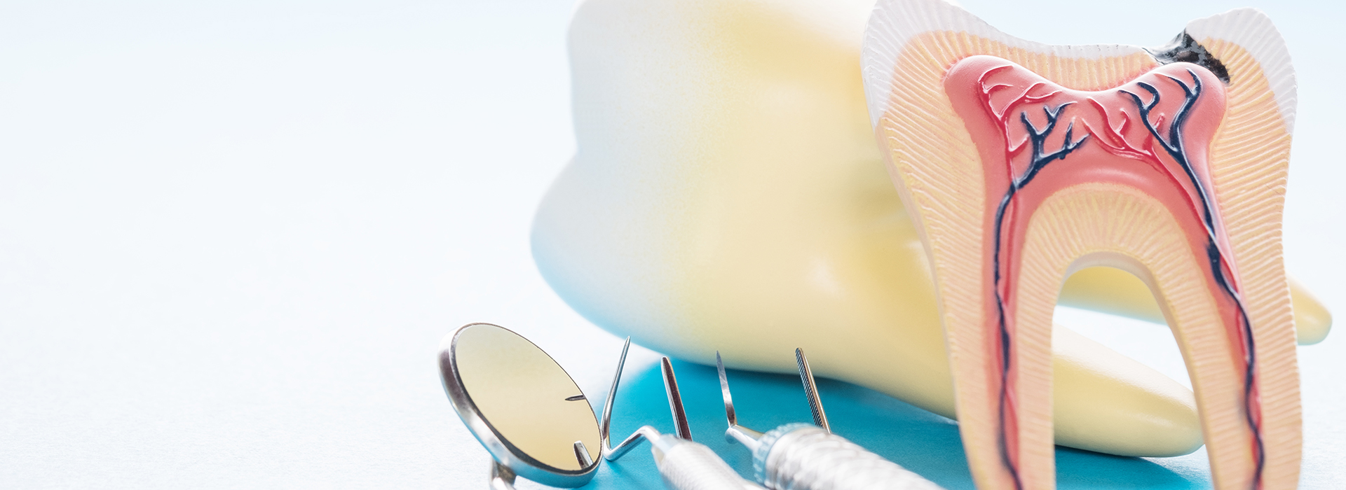 The image shows a close-up of dental tools and equipment, including a toothbrush with bristles, a dental mirror, and a mouth model with teeth and gums, all against a light background.